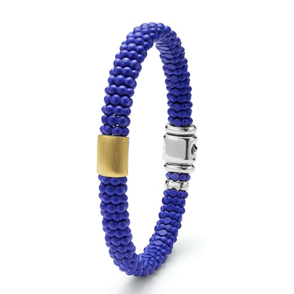Mens Matte Blue Ceramic Beaded Caviar Rope Bracelet W/Gold Single Station