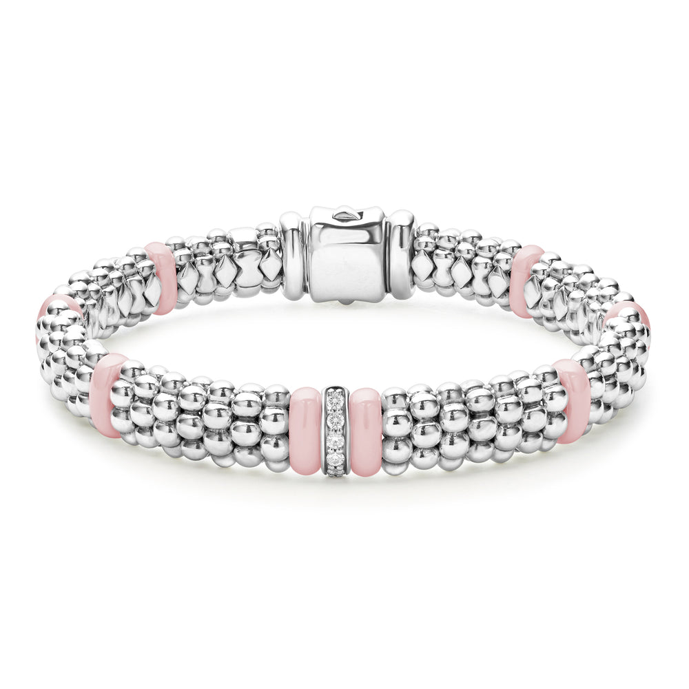 Sterling Silver and Pink Ceramic Diamond Bracelet
