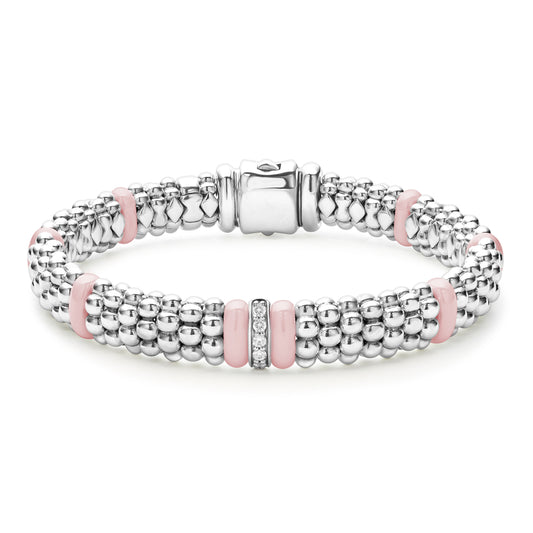 Sterling Silver and Pink Ceramic Diamond Bracelet