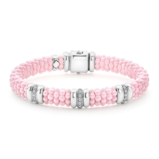 Sterling Silver and Pink Ceramic Diamond Bracelet