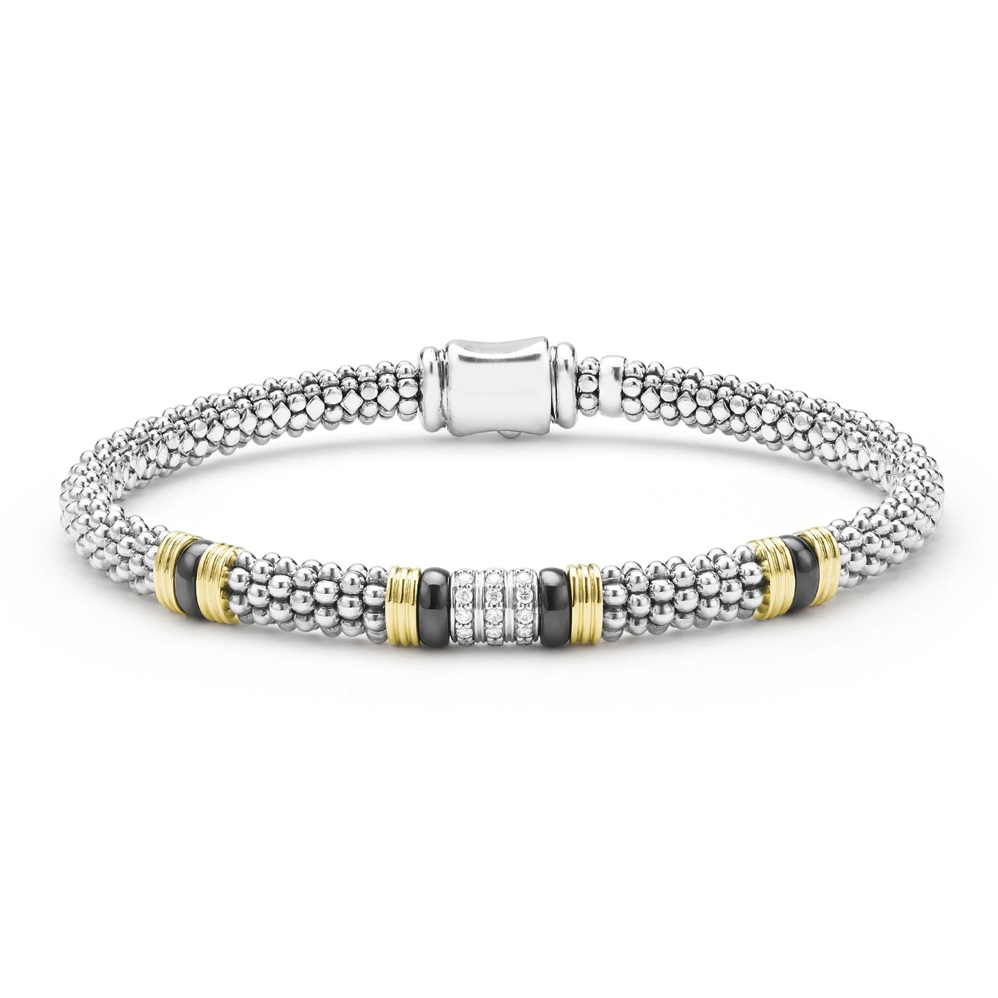 Two-Tone Black Ceramic Three Row Diamond Station Rope Bracelet
