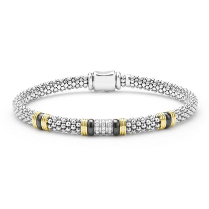 Two-Tone Black Ceramic Three Row Diamond Station Rope Bracelet