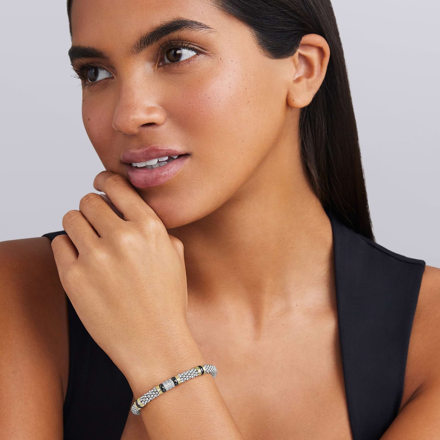 Two-Tone Black Ceramic Three Row Diamond Station Rope Bracelet