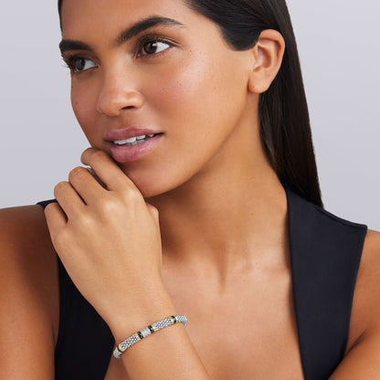 Two-Tone Black Ceramic Three Row Diamond Station Rope Bracelet