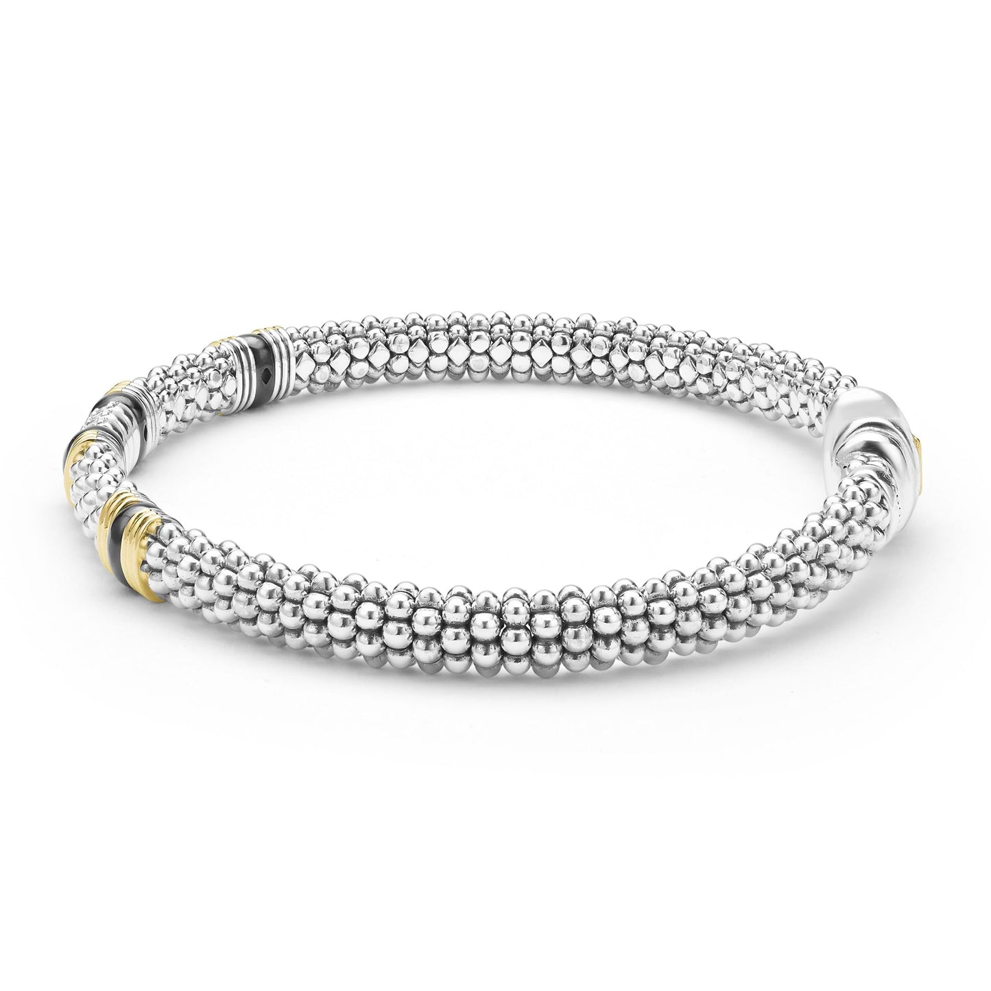 Two-Tone Black Ceramic Three Row Diamond Station Rope Bracelet