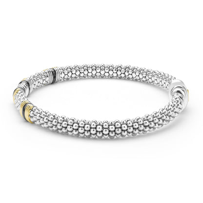 Two-Tone Black Ceramic Three Row Diamond Station Rope Bracelet