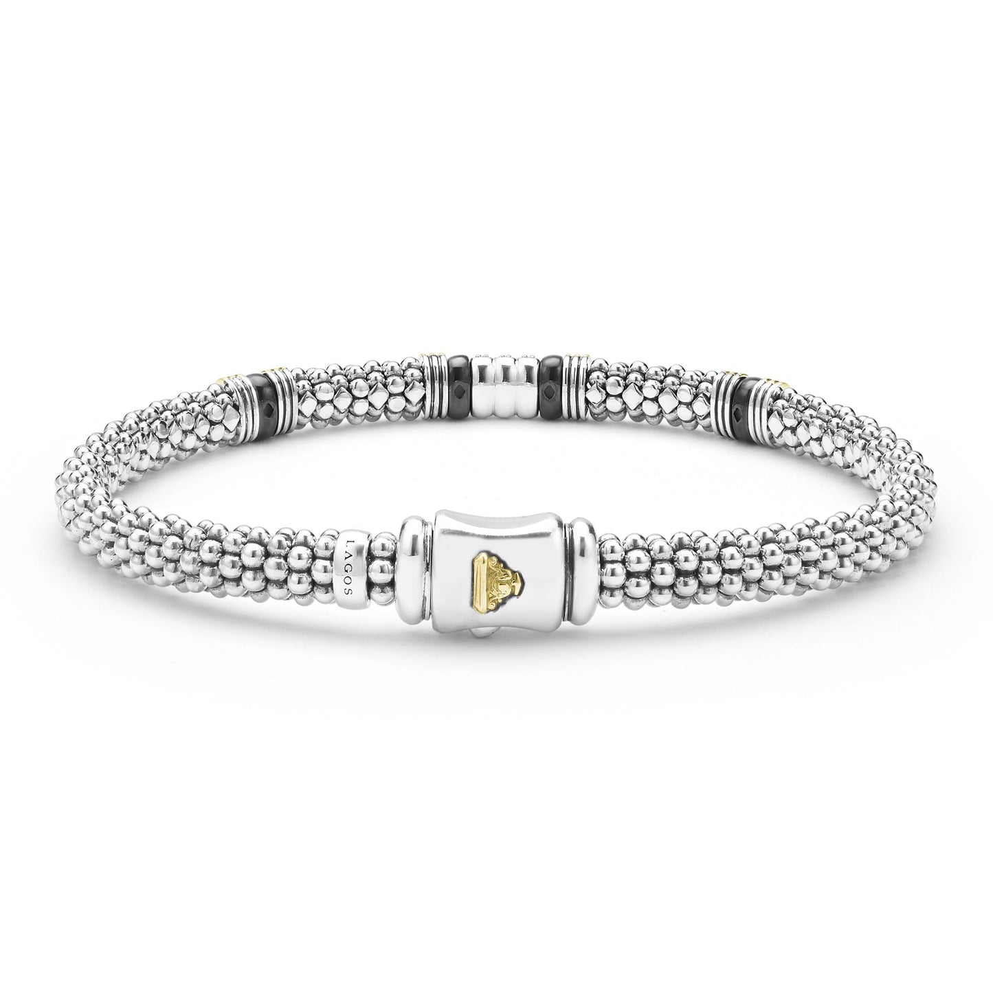 Two-Tone Black Ceramic Three Row Diamond Station Rope Bracelet