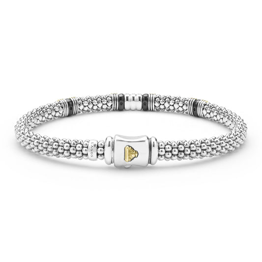 Two-Tone Black Ceramic Three Row Diamond Station Rope Bracelet