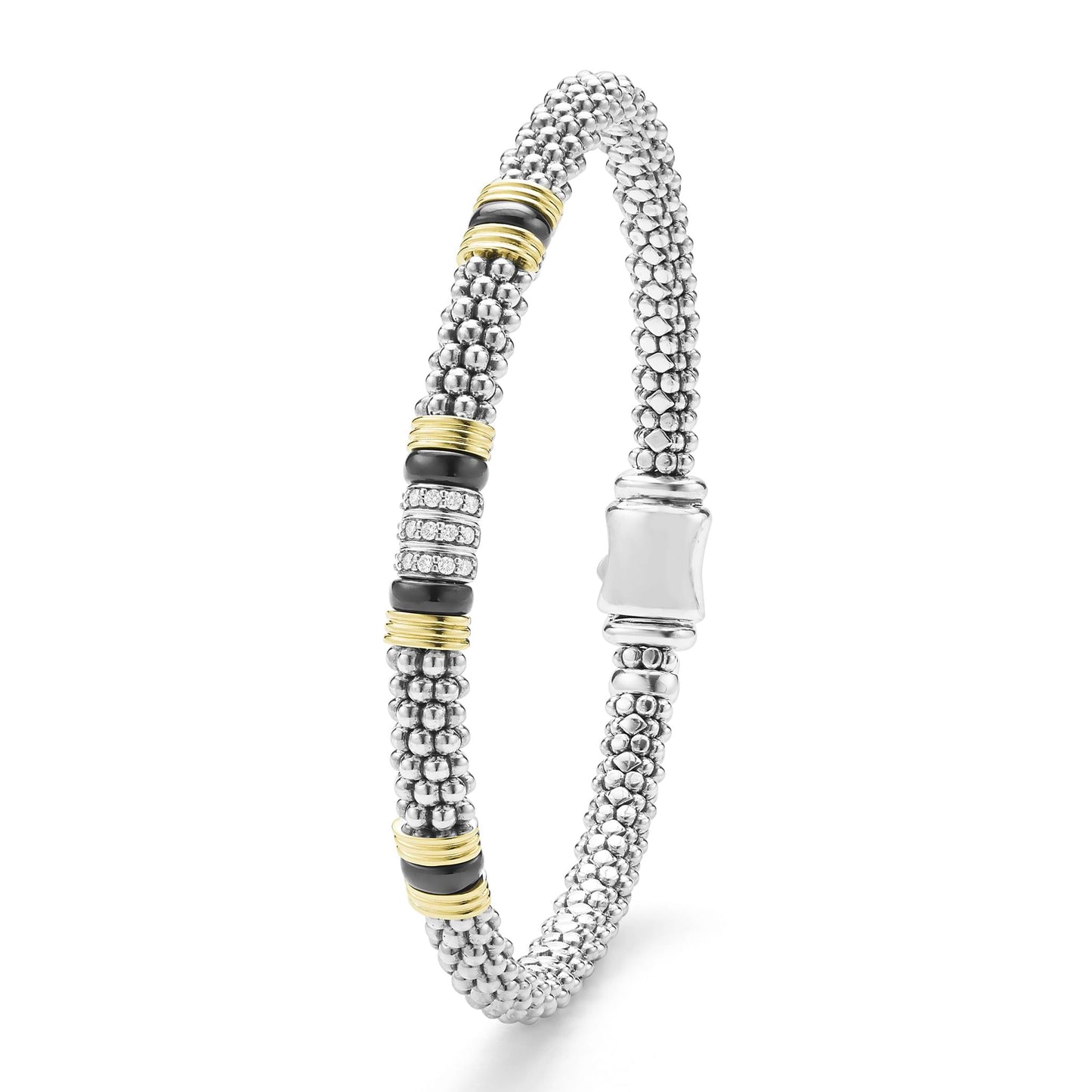 Two-Tone Black Ceramic Three Row Diamond Station Rope Bracelet