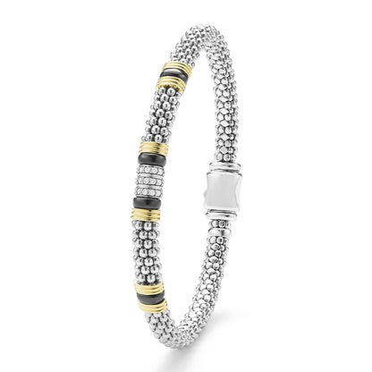 Two-Tone Black Ceramic Three Row Diamond Station Rope Bracelet