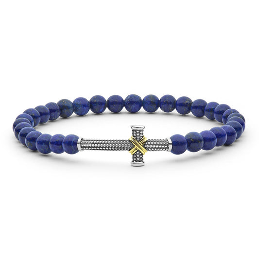 Mens Two-Tone Cavair Cross Lapis Cross Stretch Bracelet