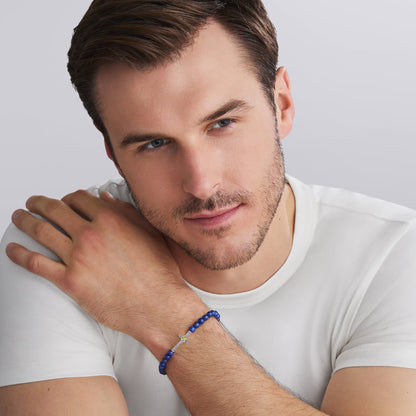 Mens Two-Tone Cavair Cross Lapis Cross Stretch Bracelet