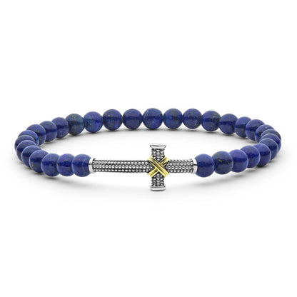 Mens Two Tone Caviar Cross Lapis Stretch Bracelet