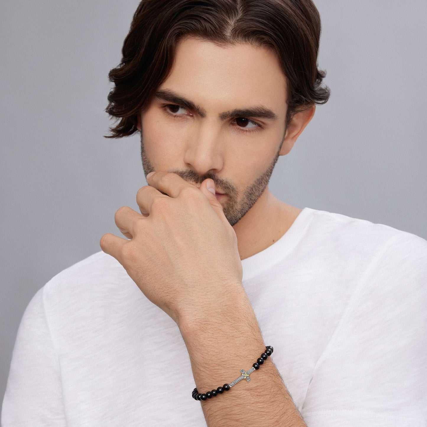 Mens Two Tone Caviar Cross Lapis Stretch Bracelet
