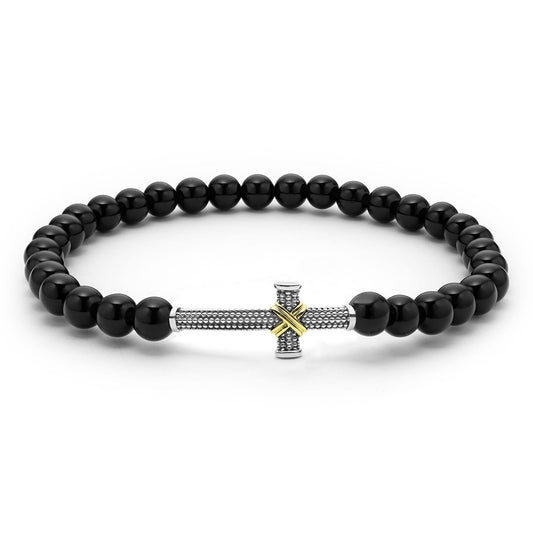 Mens Two-Tone Turquoise Caviar Cross Stretch Bracelet