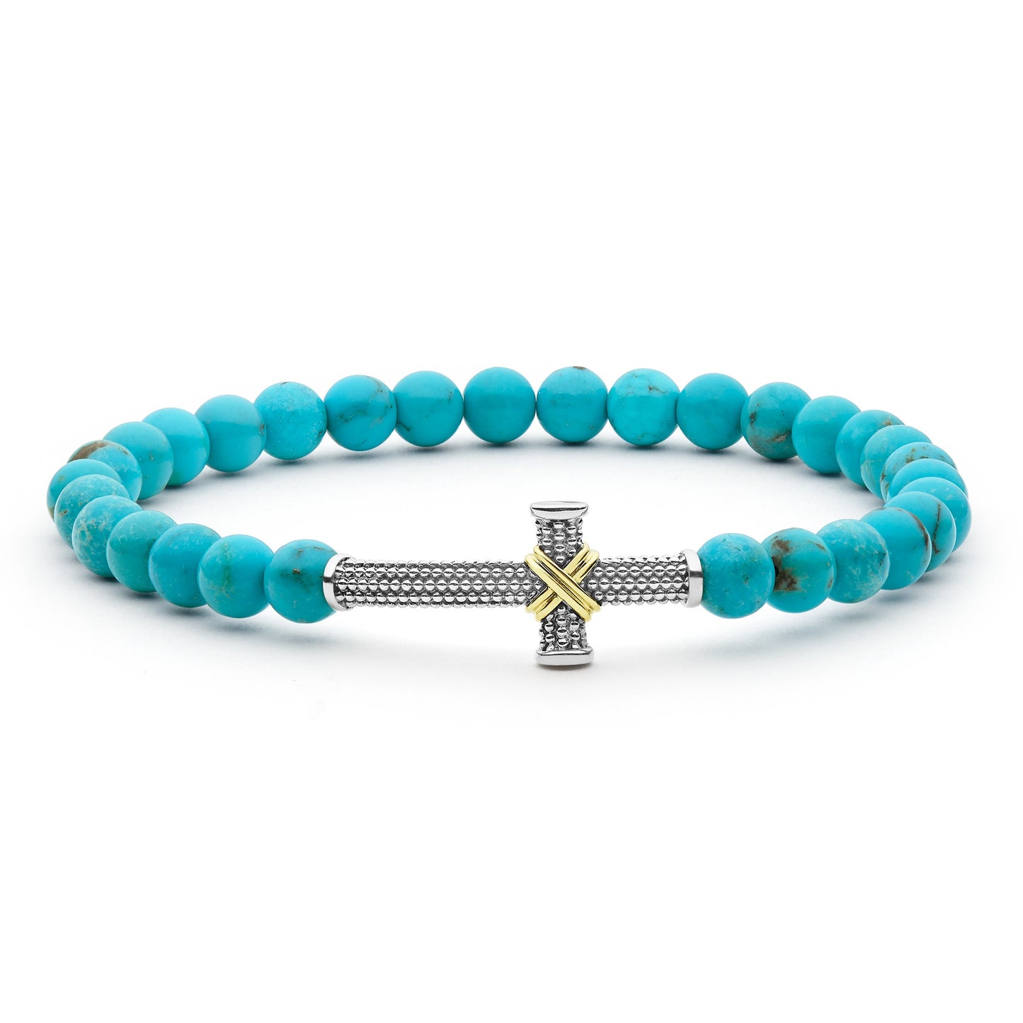 Mens Two-Tone Turquoise Caviar Cross Stretch Bracelet