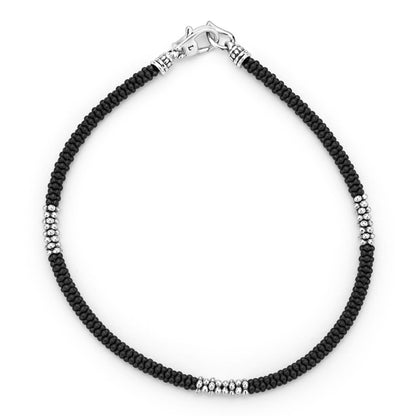 Mens Three Silver Station Matte Blue Ceramic Caviar Rope Bracelet