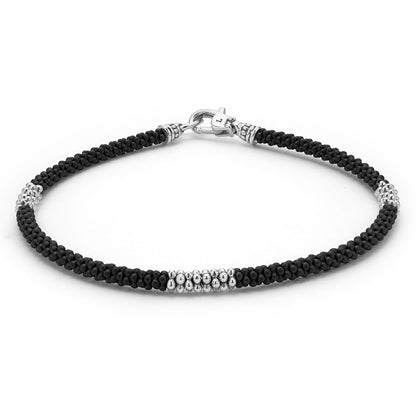 Mens Three Silver Station Matte Blue Ceramic Caviar Rope Bracelet