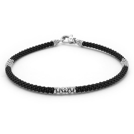 Mens Three Silver Station Matte Blue Ceramic Caviar Rope Bracelet