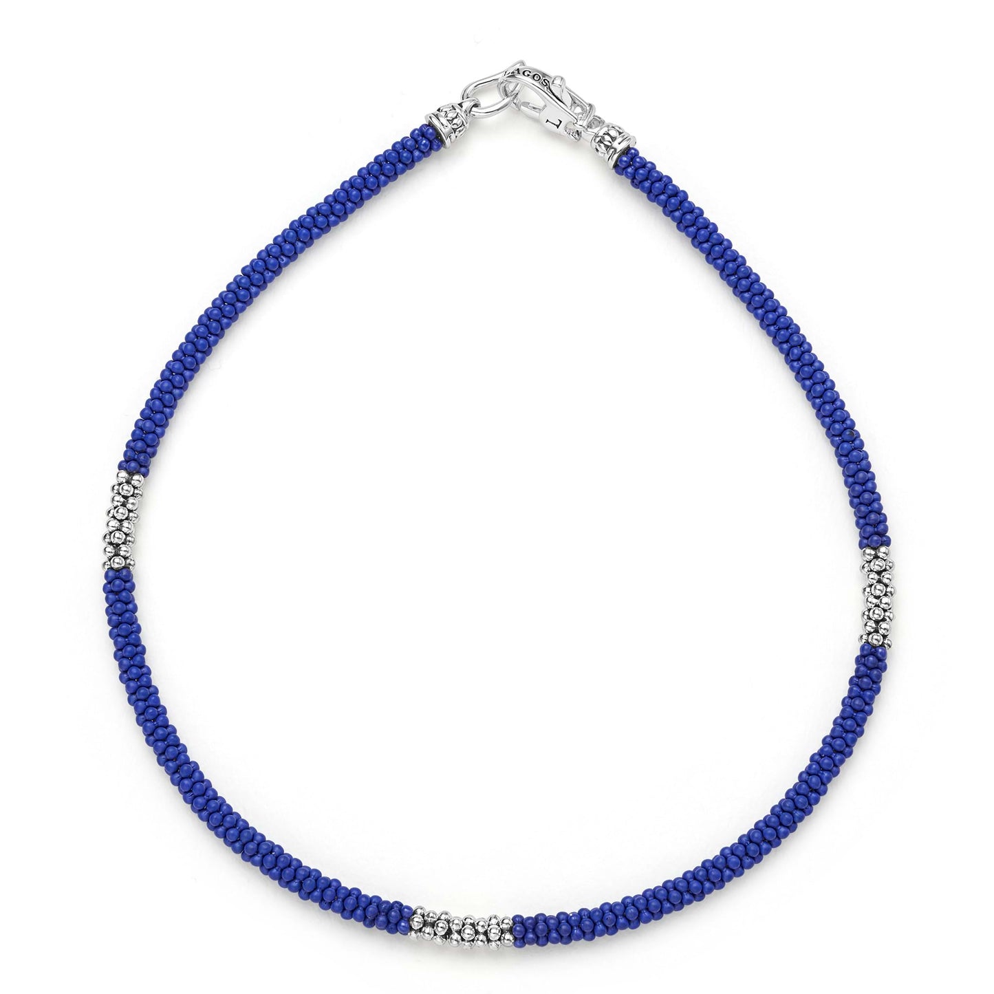 Mens Three Silver Station Matte Blue Ceramic Caviar Rope Bracelet