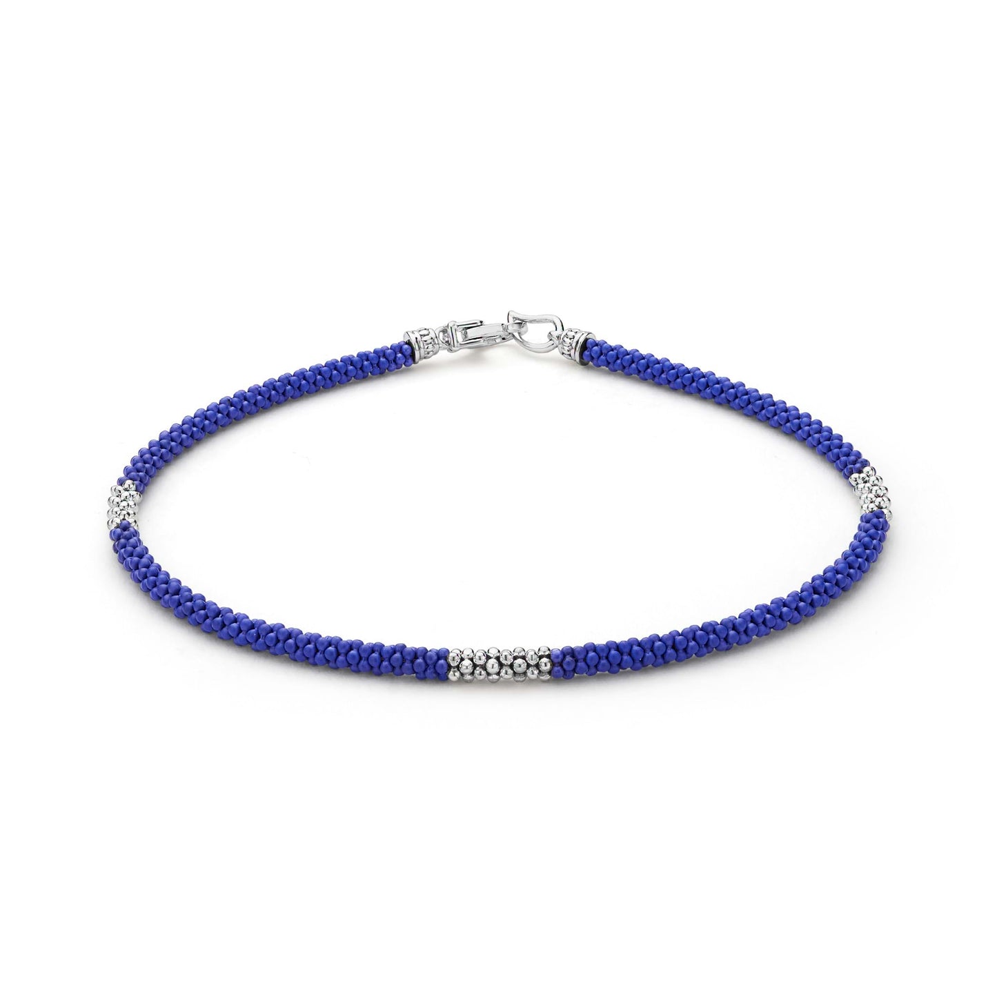 Mens Three Silver Station Matte Blue Ceramic Caviar Rope Bracelet