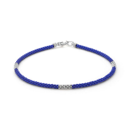 Mens Three Silver Station Matte Blue Ceramic Caviar Rope Bracelet