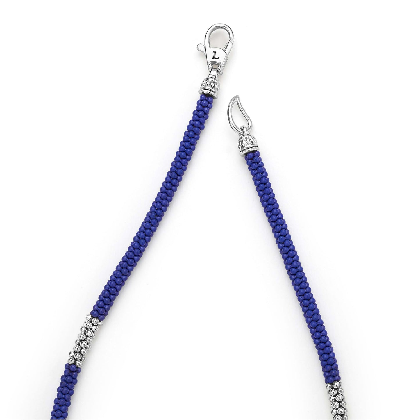 Mens Three Silver Station Matte Blue Ceramic Caviar Rope Bracelet