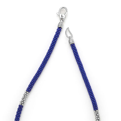 Mens Three Silver Station Matte Blue Ceramic Caviar Rope Bracelet