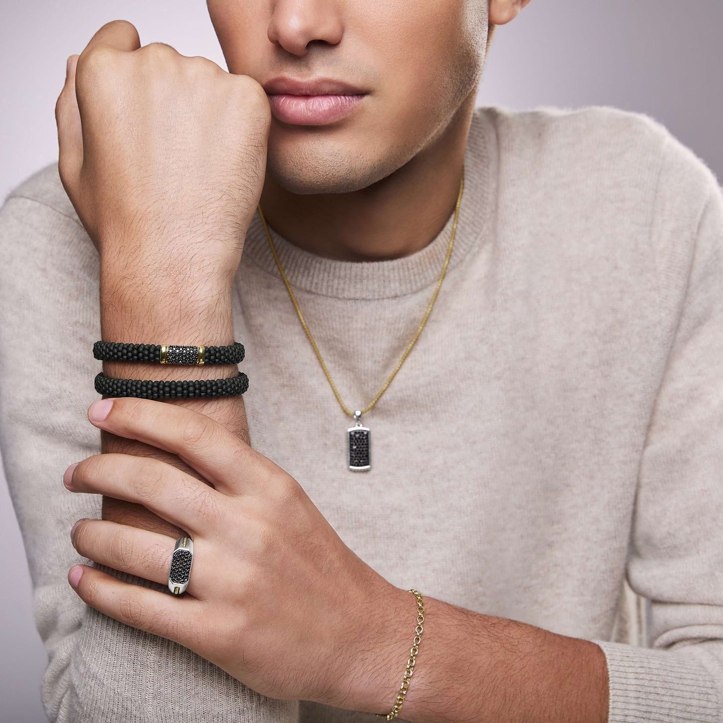 Two-Tone Matte Ceramic Black Caviar Black Diamond Rope Bracelet