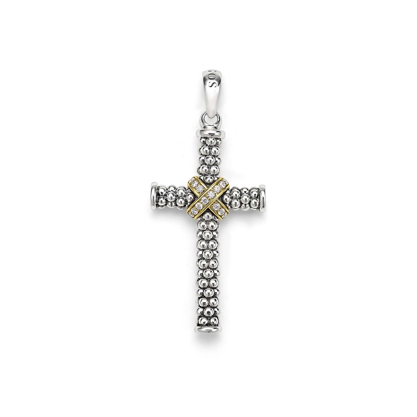 Mens Two-Tone Caviar Beaded Cross Amulet With Diamonds