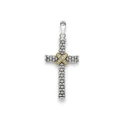Mens Two-Tone Caviar Beaded Cross Amulet With Diamonds