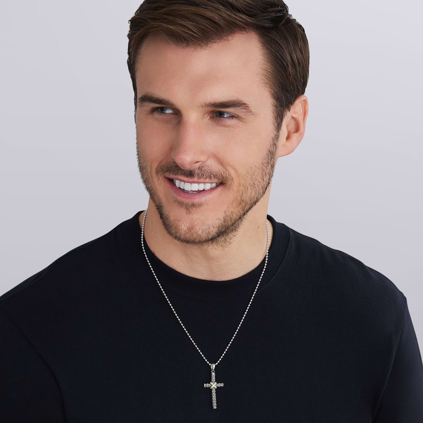 Mens Two-Tone Caviar Beaded Cross Amulet With Diamonds