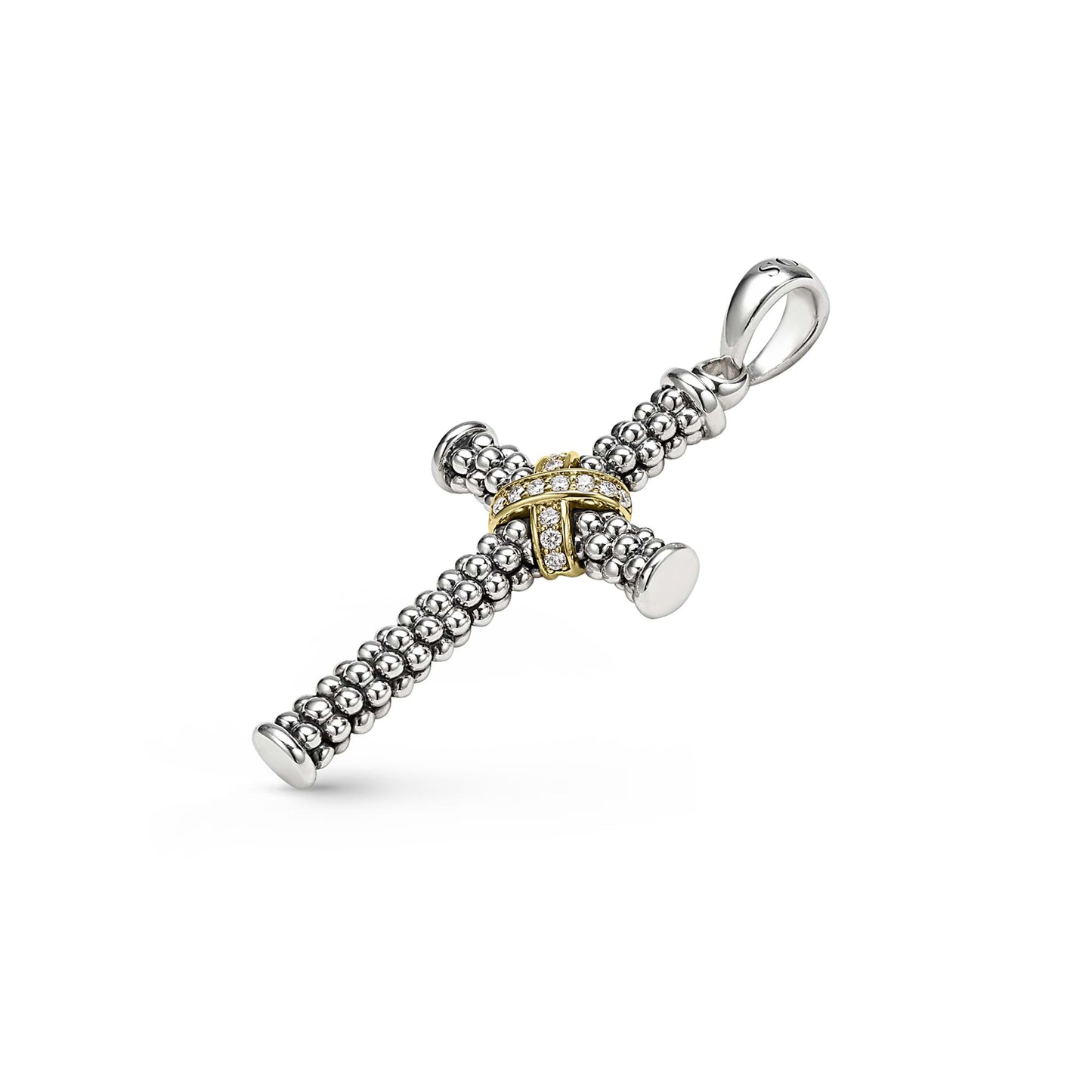 Mens Two-Tone Caviar Beaded Cross Amulet With Diamonds