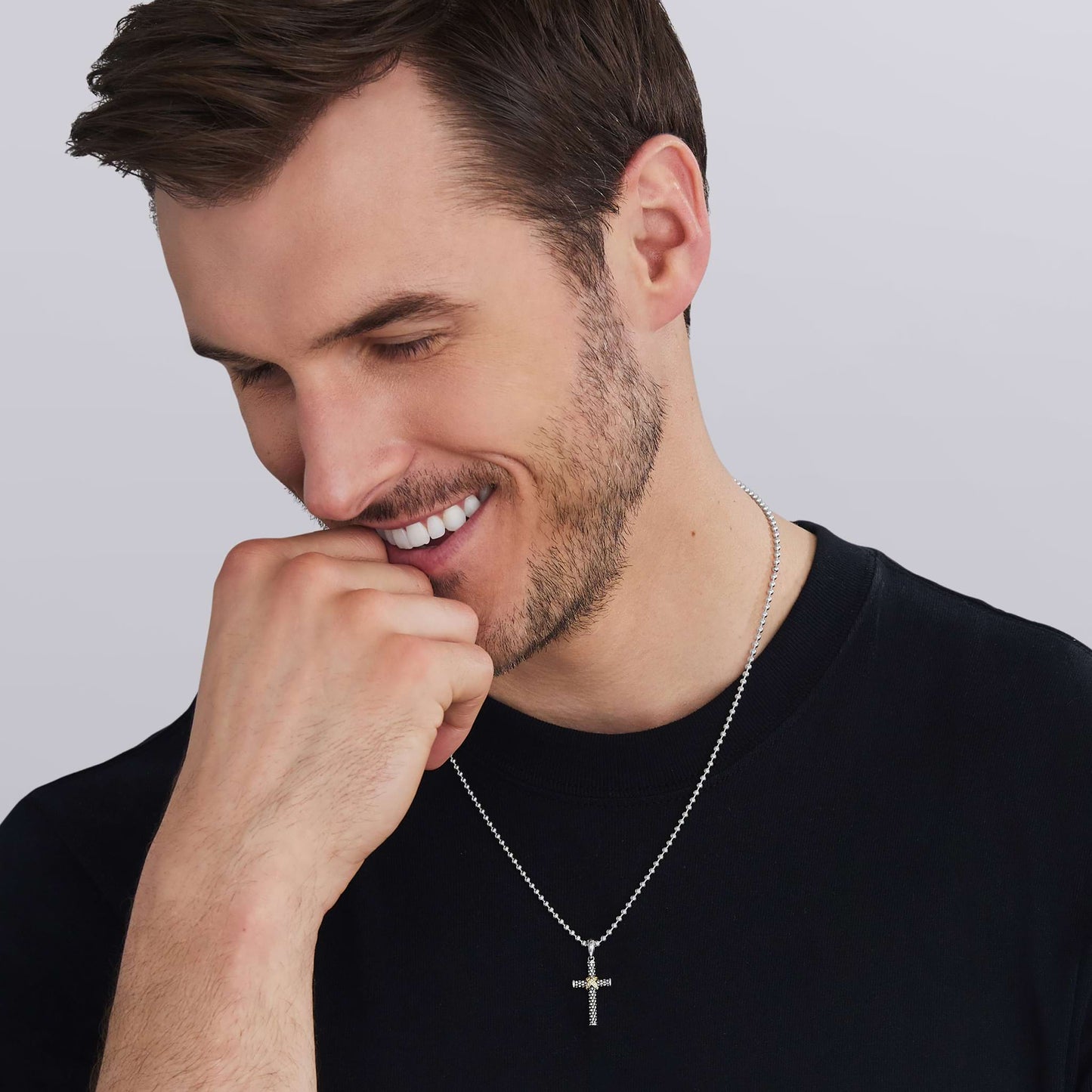 Mens Two-Tone Beaded Caviar Cross Amulet With Diamonds