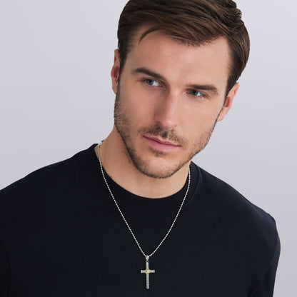 Mens Two-Tone Caviar Beaded Cross Amulet