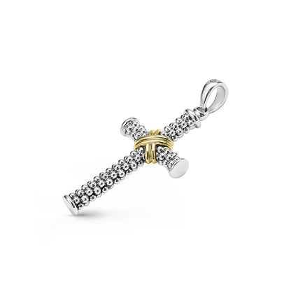 Mens Two-Tone Caviar Beaded Cross Amulet