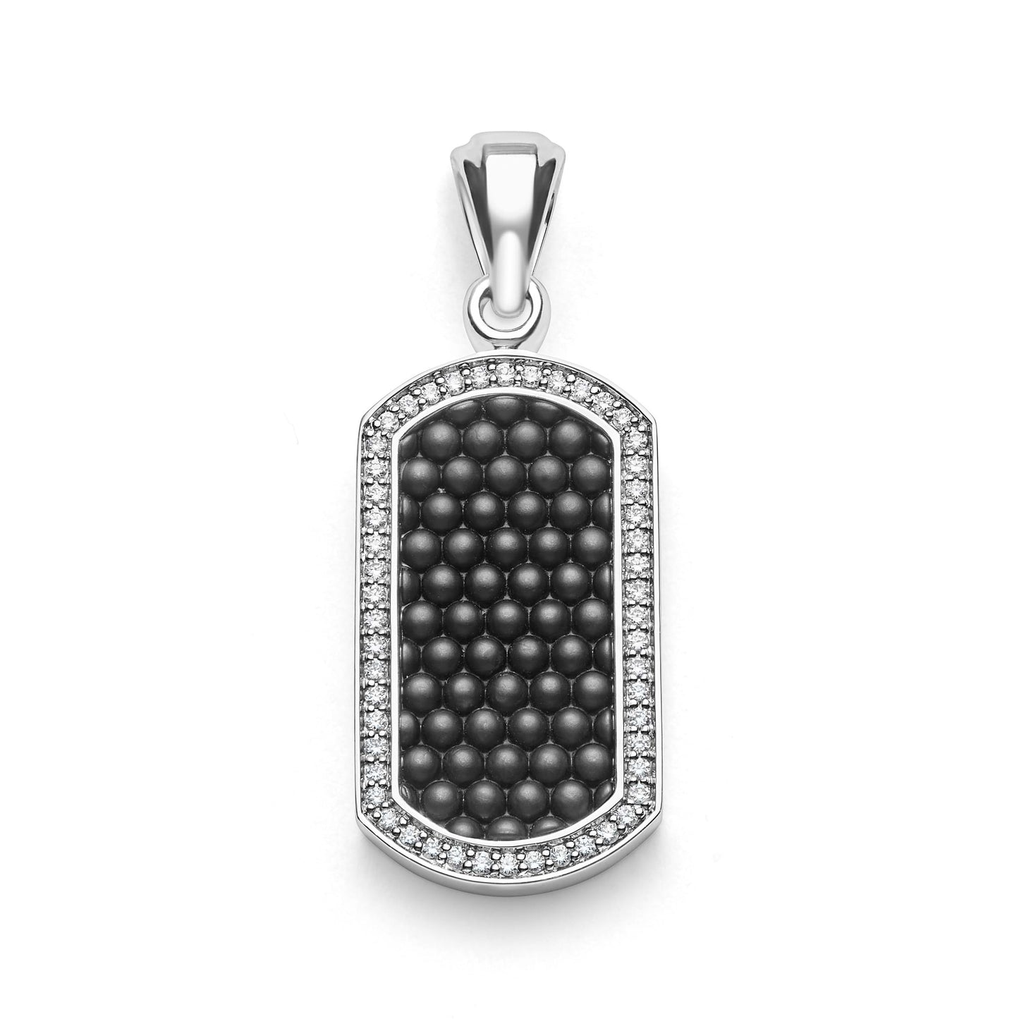 Mens Matte Black Ceramic Beaded Id Tag Amulet With Diamonds