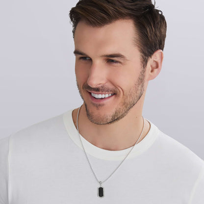 Mens Matte Black Ceramic Beaded Id Tag Amulet With Diamonds