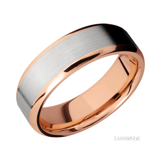 Lashbrook Beveled/14K Rose Gold Band with one inlay of 14K White Gold