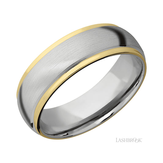 Lashbrook Domed Stepped Down Edges/14K White Gold Band with two inlays of 14K Yellow Gold