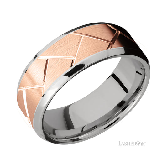 Lashbrook Beveled/14K White Gold Band with one mm Centered inlay of 14K Rose Gold with a machined Flatweave pattern