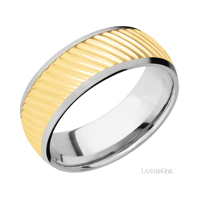 Lashbrook Domed/14K White Gold Band with one inlay of 14K Yellow Gold with a machined pattern