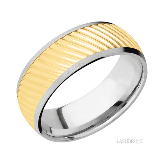 Lashbrook Domed/14K White Gold Band with one inlay of 14K Yellow Gold with a machined pattern