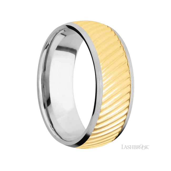 Lashbrook Domed/14K White Gold Band with one inlay of 14K Yellow Gold with a machined pattern