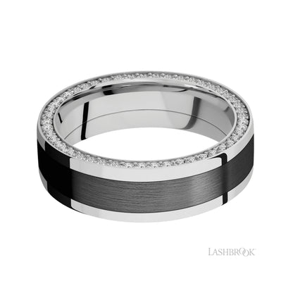 Lashbrook Flat/14K White Gold Band with inlay of Zirconium and Diamond