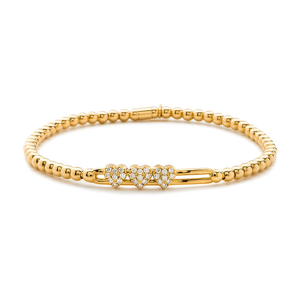 Hulchi Belluni 18K Yellow Gold 3 Sliding Diamond Heart Stations Tresore Stretch Bracelet