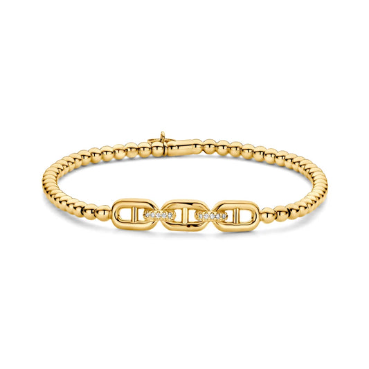 Hulchi Belluni 18K Yellow Gold Three Oval Link 2 Diamond Station Tresore Stretch Bracelet
