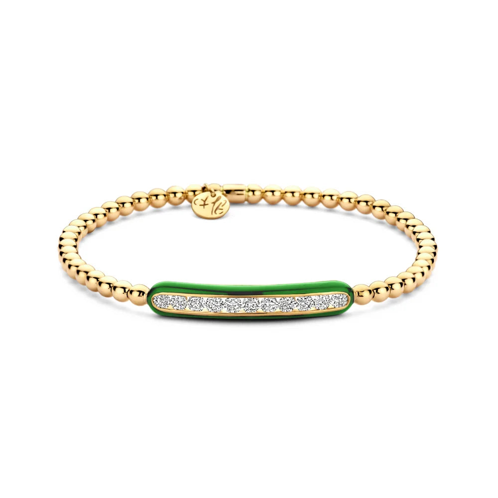 Hulchi Belluni 18K Yellow Gold Diamond Bar with Green Halo Tresore Stretch Bracelet