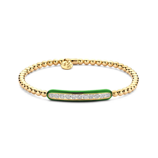 Hulchi Belluni 18K Yellow Gold Diamond Bar with Green Halo Tresore Stretch Bracelet