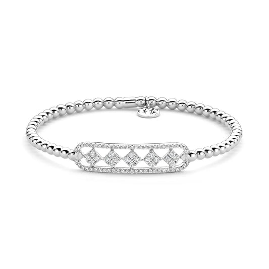 Hulchi Belluni 18K White Gold 5 Diamond Stations Surrounded by Rectangular Halo Tresore Stretch Bracelet